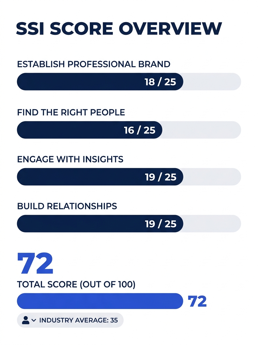 A clean horizontal bar chart showing four SSI pillars (Professional Brand, Finding the Right People, Engaging with Insights, Building Relationships) each scored out of 25, with an example total score