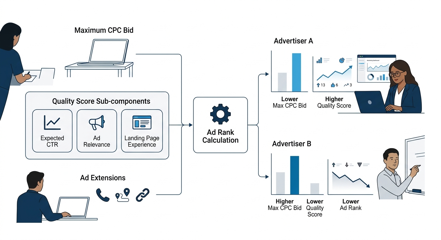 An infographic showing the Google Ads auction mechanism, three inputs (Maximum CPC Bid, Quality Score broken into its three sub-components of expected CTR, ad relevance, and landing page experience, a