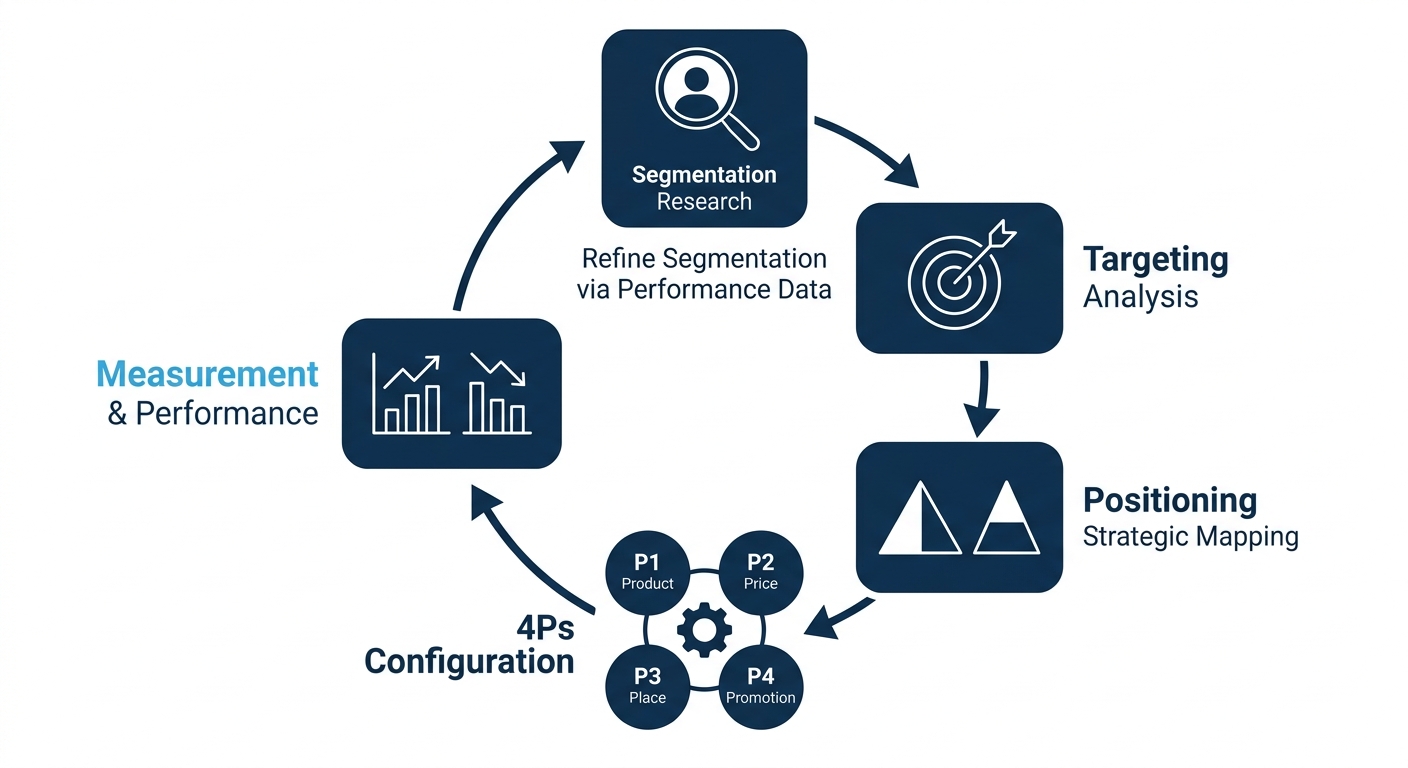 a circular flow diagram illustrating the marketing fundamentals feedback loop, starting with segmentation research, moving clockwise through targeting analysis, positioning, 4Ps configuration, and mea