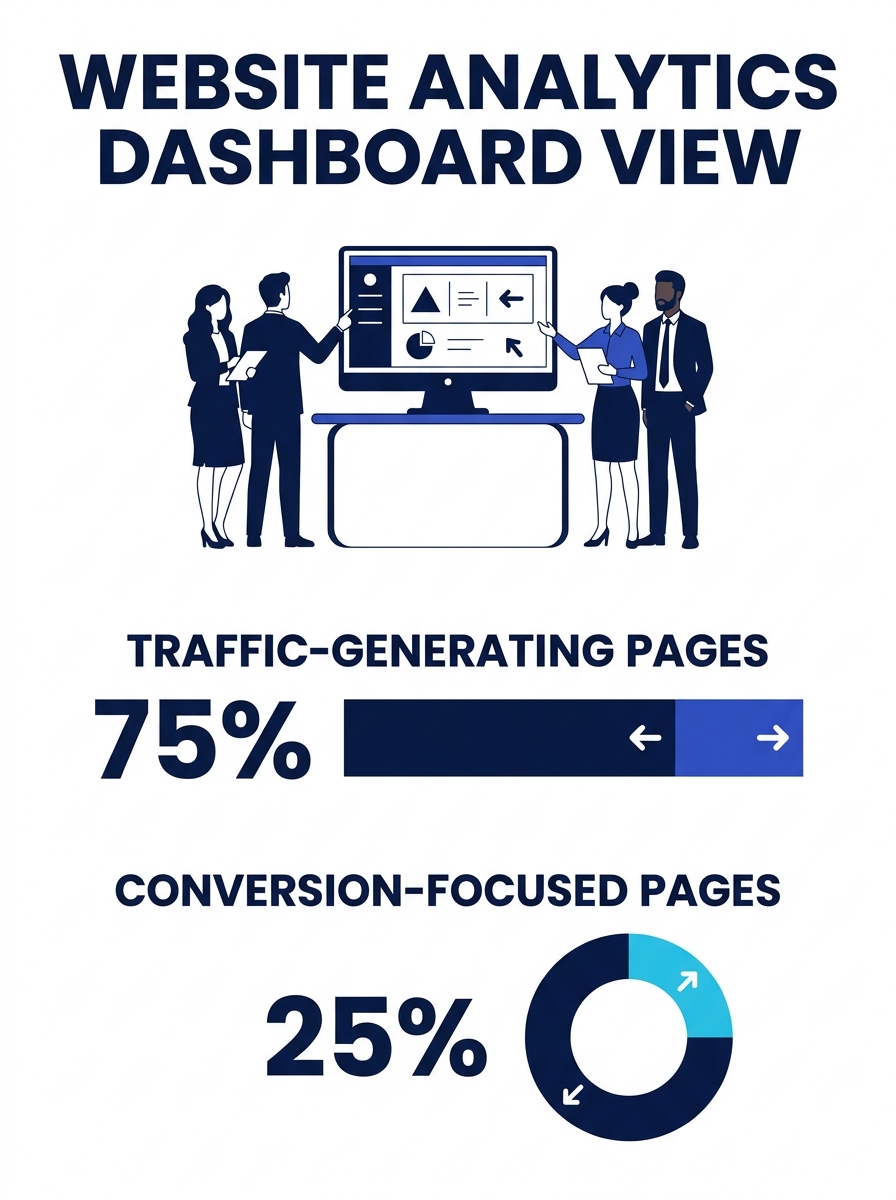 Marketing team reviewing website analytics dashboard showing split between traffic-generating and conversion-focused pages