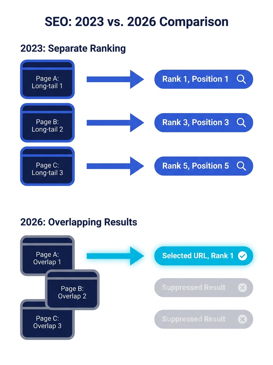 Infographic showing two side-by-side comparison diagrams — left side labeled 2023 shows multiple pages each ranking for separate long-tail keywords with arrows pointing to individual SERP positions, r