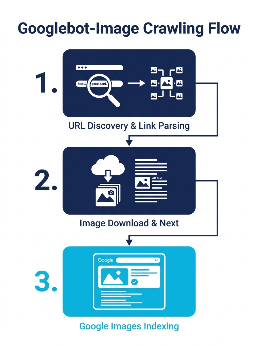 Diagram showing the flow of Googlebot-Image crawling process, from URL discovery through link parsing, to image file download, context extraction from alt text and surrounding content, and final index