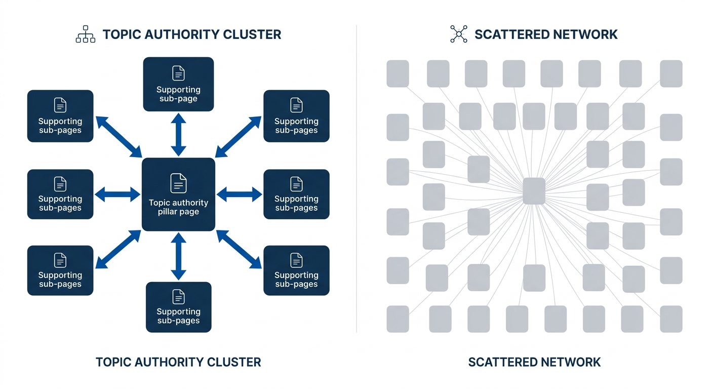 Diagram showing a topic authority cluster architecture with one central pillar page connected to 8 supporting pages via strong internal links with high authority signals, contrasted against a scattere