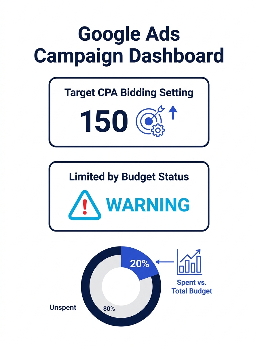 Google Ads interface showing Target CPA bidding settings and limited-by-budget status warnings on campaign dashboard
