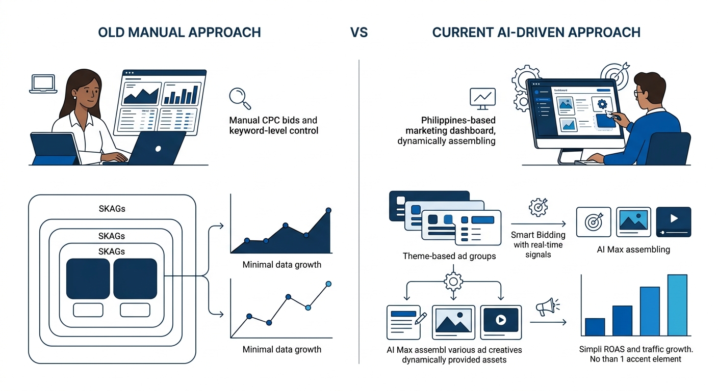 A side-by-side comparison diagram showing the old manual approach (SKAGs, manual CPC bids, keyword-level control) versus the current AI-driven approach (theme-based ad groups, Smart Bidding with real-
