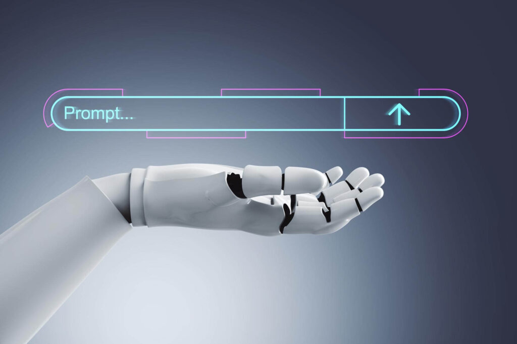 Robot hand projecting a chatbox with the word “prompt.”