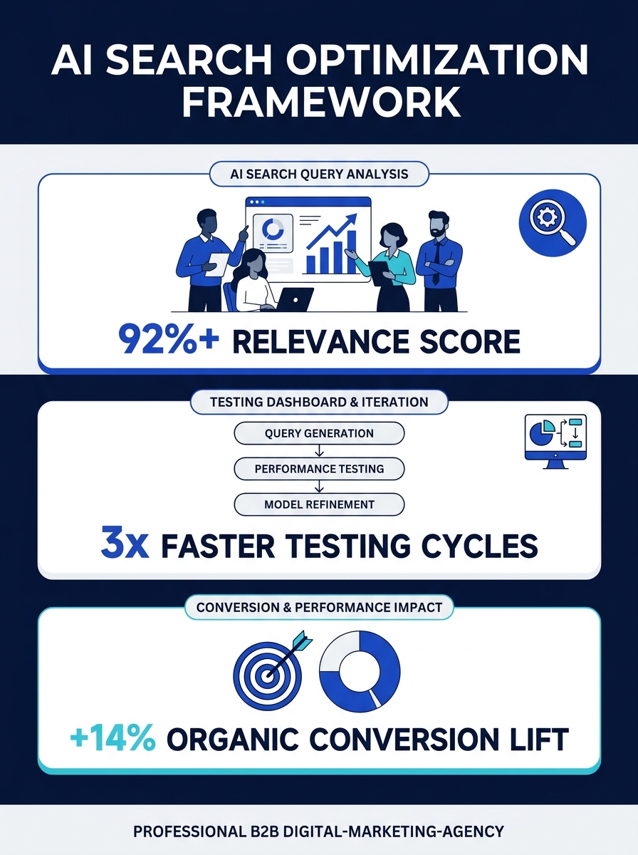 Marketing team reviewing AI search optimization framework on screens showing testing dashboards and conversion analytics
