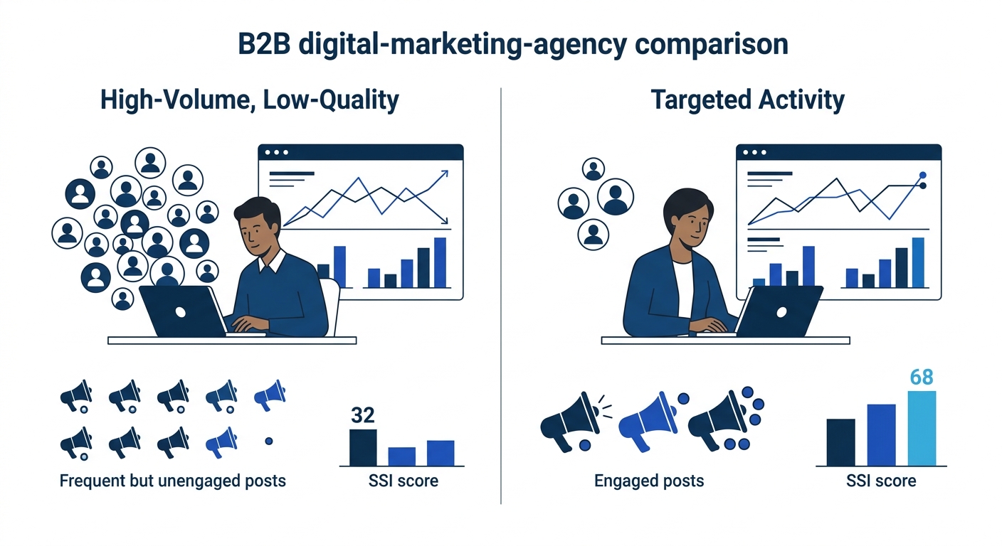 A side-by-side comparison diagram showing two LinkedIn users, one with high-volume but low-quality activity (many connections, low acceptance rate, frequent but unengaged posts, SSI of 32) versus one