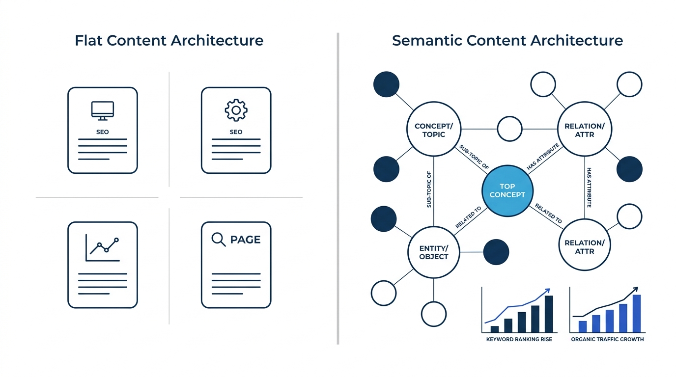 a visual comparison of flat content architecture versus semantic content architecture, showing isolated pages on one side and an interconnected knowledge graph with entity relationships on the other