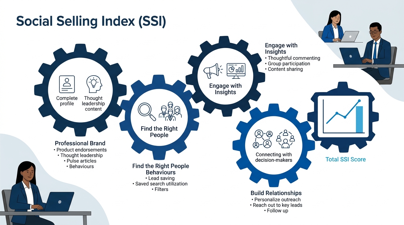 An infographic showing the four SSI pillars as interconnected gears, with specific behaviors listed under each pillar (e.g., profile completeness under Professional Brand, acceptance rate under Findin