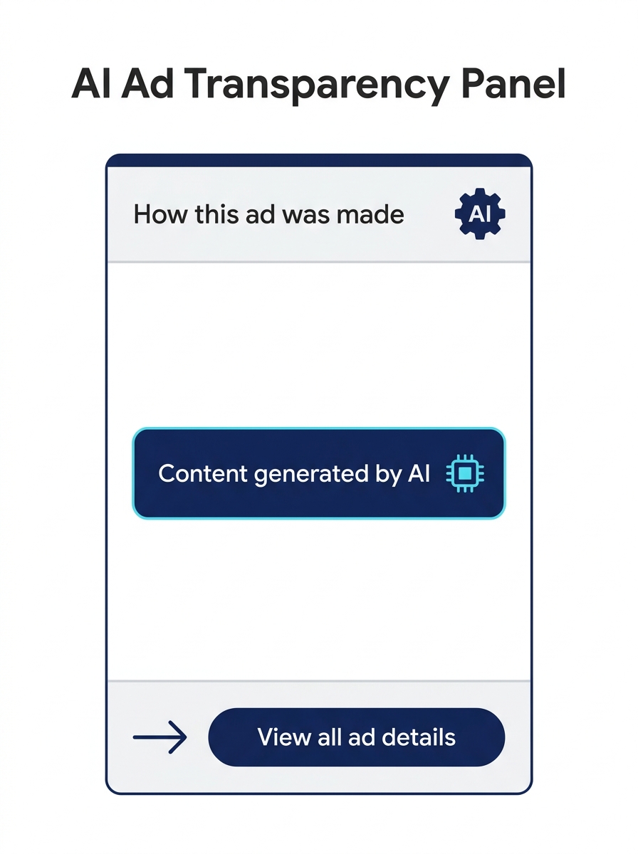 Screenshot showing Google Ads transparency panel with "How this ad was made" AI disclosure label