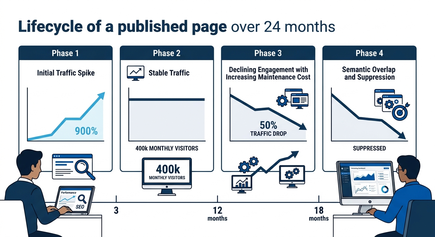 Timeline illustration showing the lifecycle of a published page over 24 months with four phases — initial traffic spike at months 1 through 3, stable traffic at months 3 through 12, declining engageme