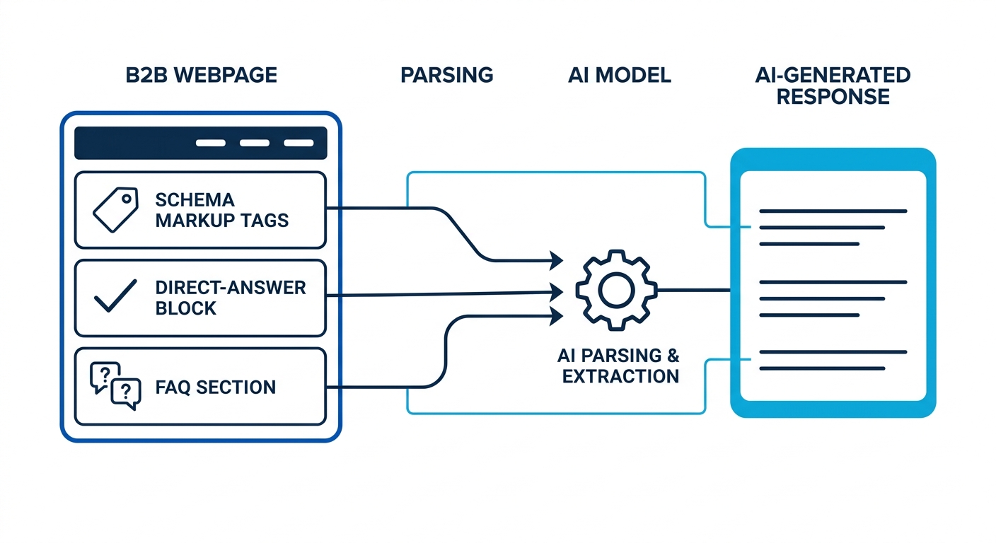 a diagram showing how AI answer engines extract content from a B2B webpage, highlighting schema markup tags, direct-answer blocks, and FAQ sections being parsed into an AI-generated response