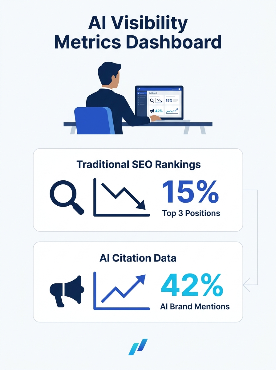 Marketing executive reviewing AI visibility metrics dashboard showing traditional SEO rankings versus AI citation data
