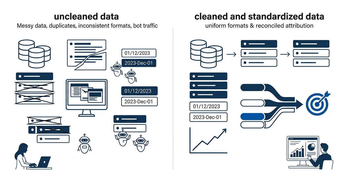 a side-by-side comparison diagram showing raw data with duplicates, inconsistent formats, and bot traffic on the left, versus cleaned and standardized data with matching formats and reconciled attribu