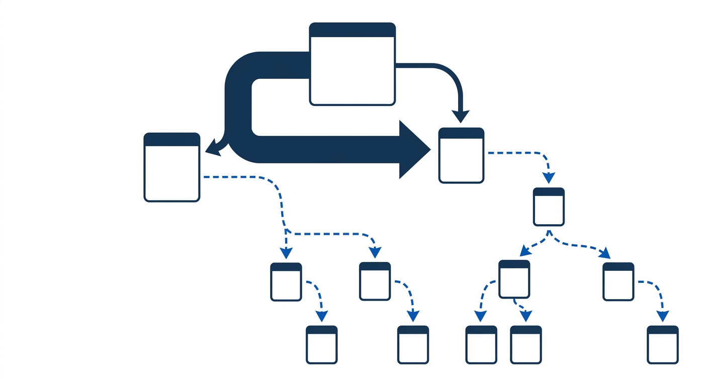 Diagram showing authority flow through a website hierarchy, with thick arrows representing strong link equity flowing to top-level pages and thin, broken arrows showing weak equity reaching deep produ