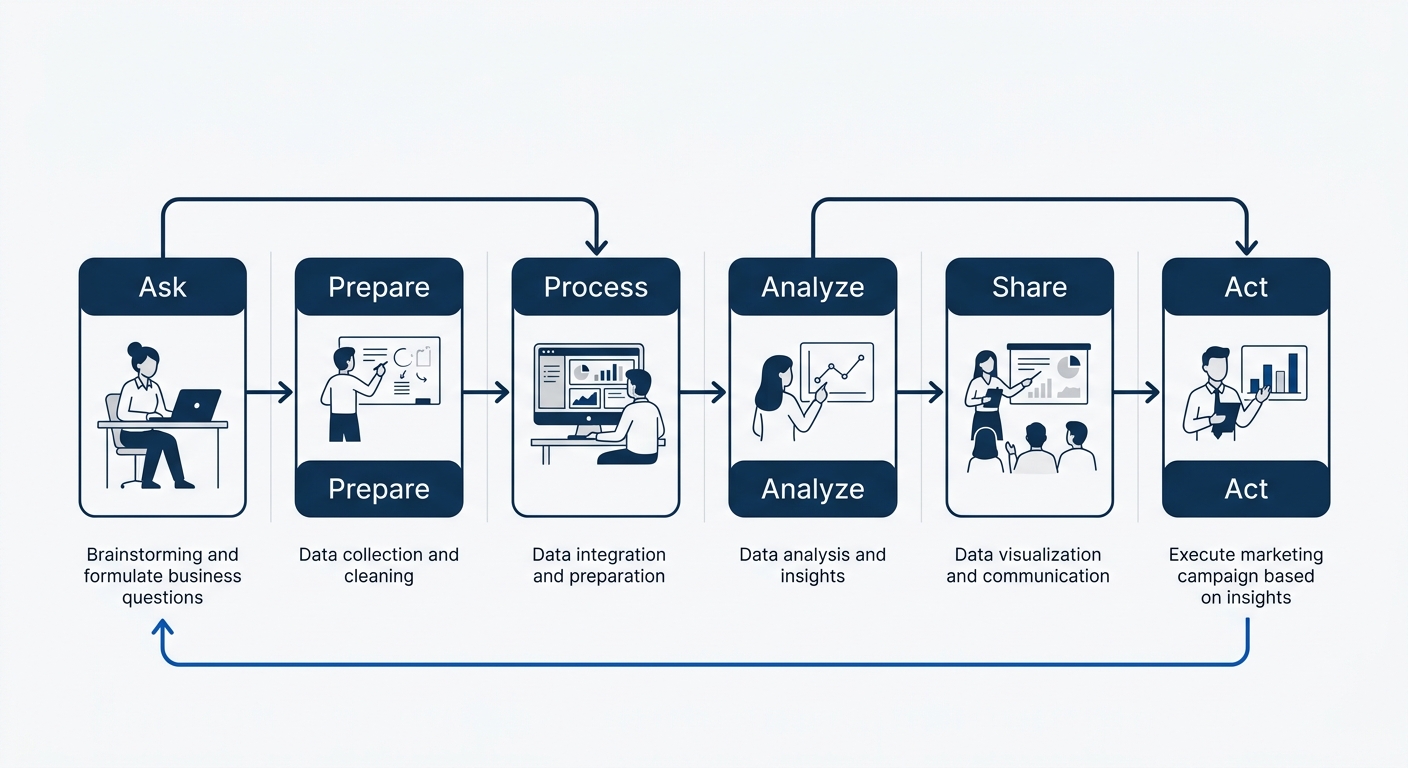 flowchart showing the six-phase analytics lifecycle, Ask, Prepare, Process, Analyze, Share, Act, with arrows connecting each phase in sequence and a feedback loop from Act back to Ask