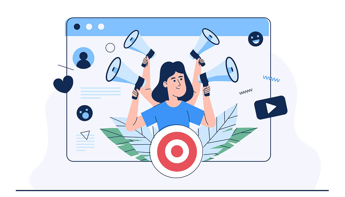 Woman with four hands, holding megaphones to reach more people