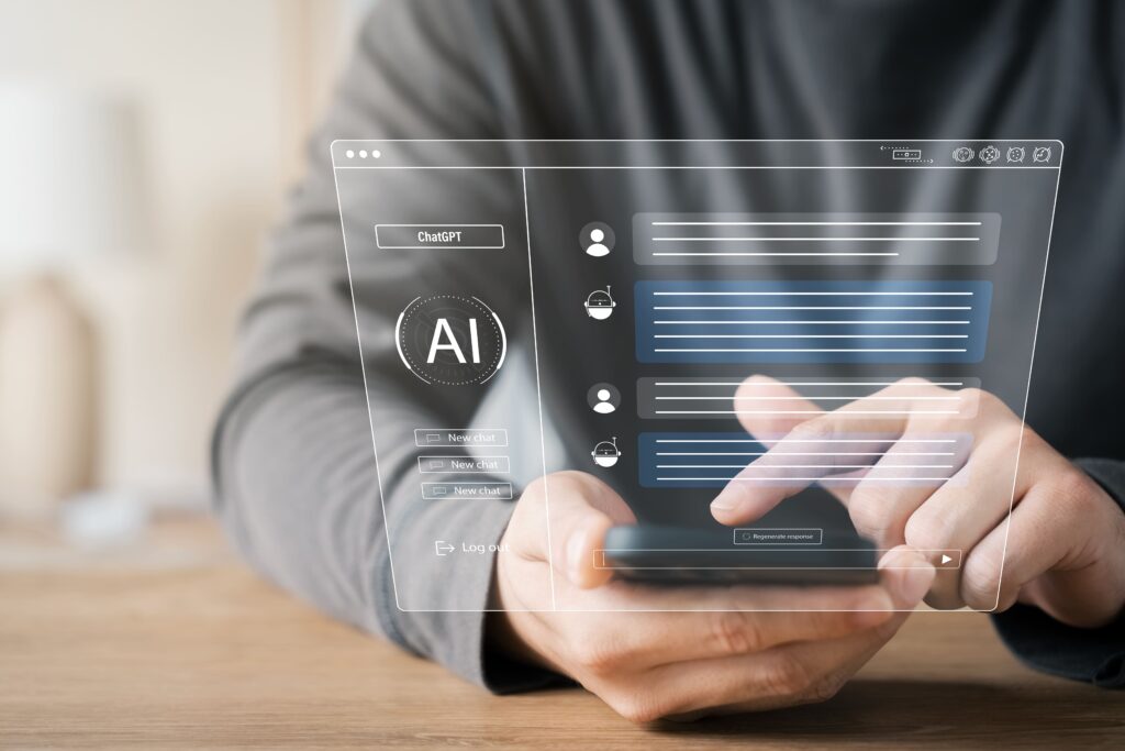Man’s phone screen projected, showing him having a conversation with AI