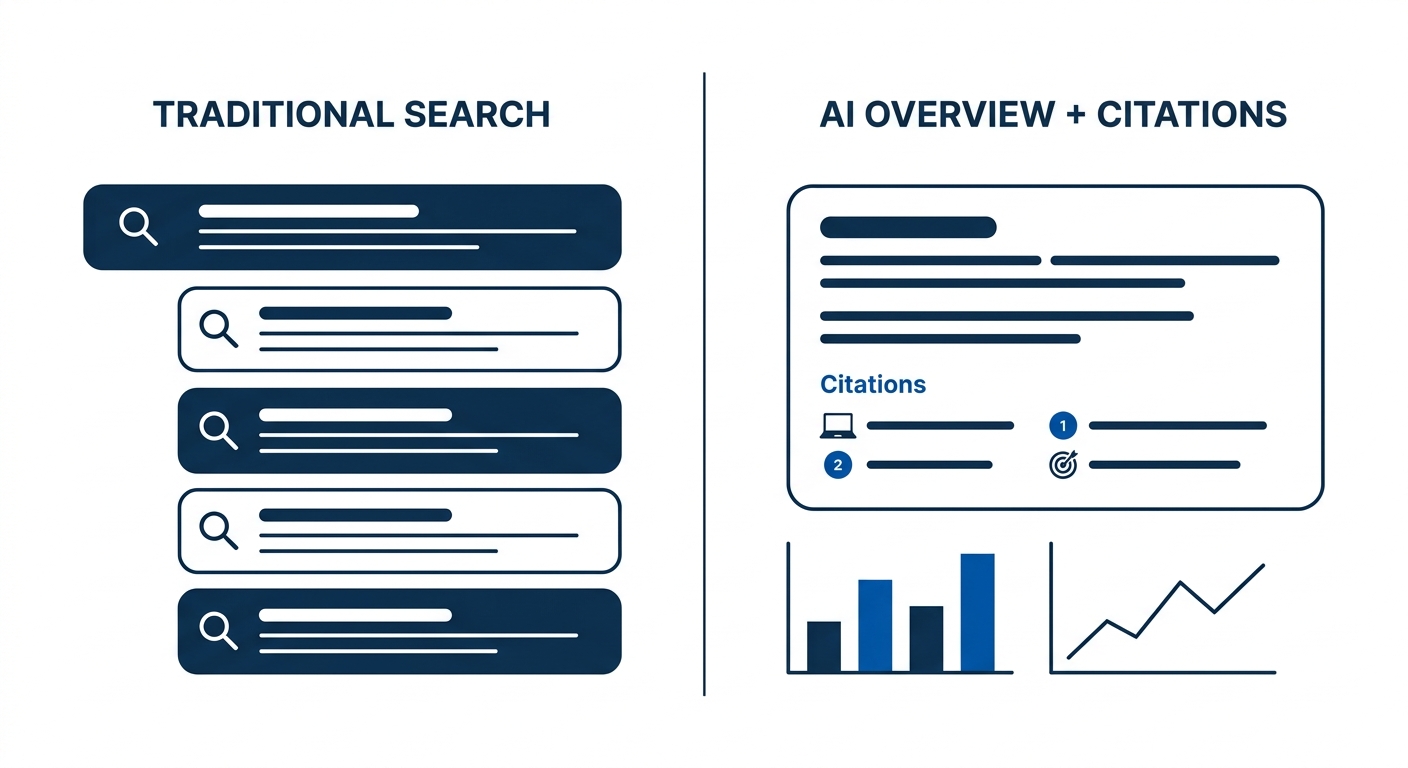 Split-screen comparison showing traditional Google search results alongside AI Overview citation panel for the same query