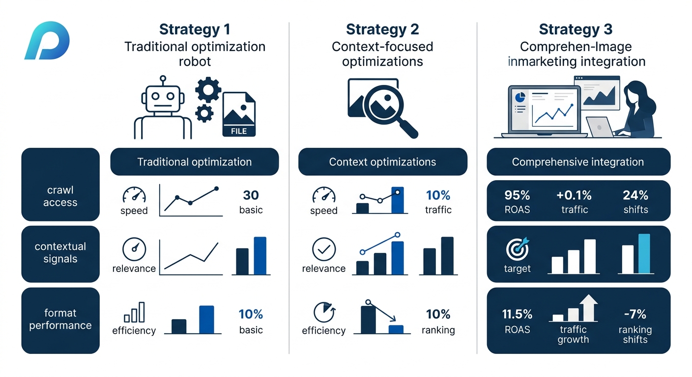Infographic comparing three Googlebot-Image optimization strategies side by side, showing crawl access, contextual signals, and format performance with icons representing speed, relevance, and efficie