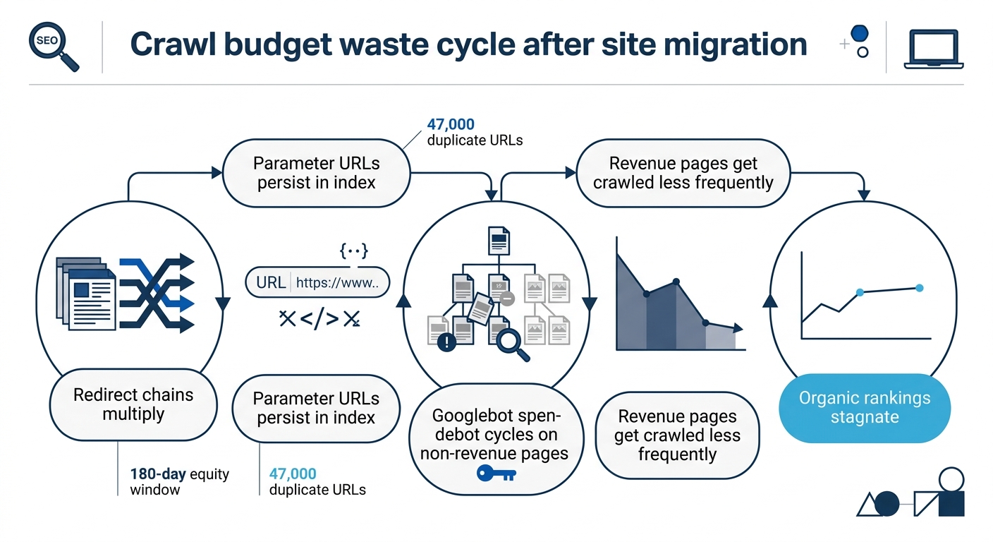 Infographic showing the crawl budget waste cycle after migration — starting with "redirect chains multiply" flowing to "parameter URLs persist in index" to "Googlebot spends cycles on non-revenue page