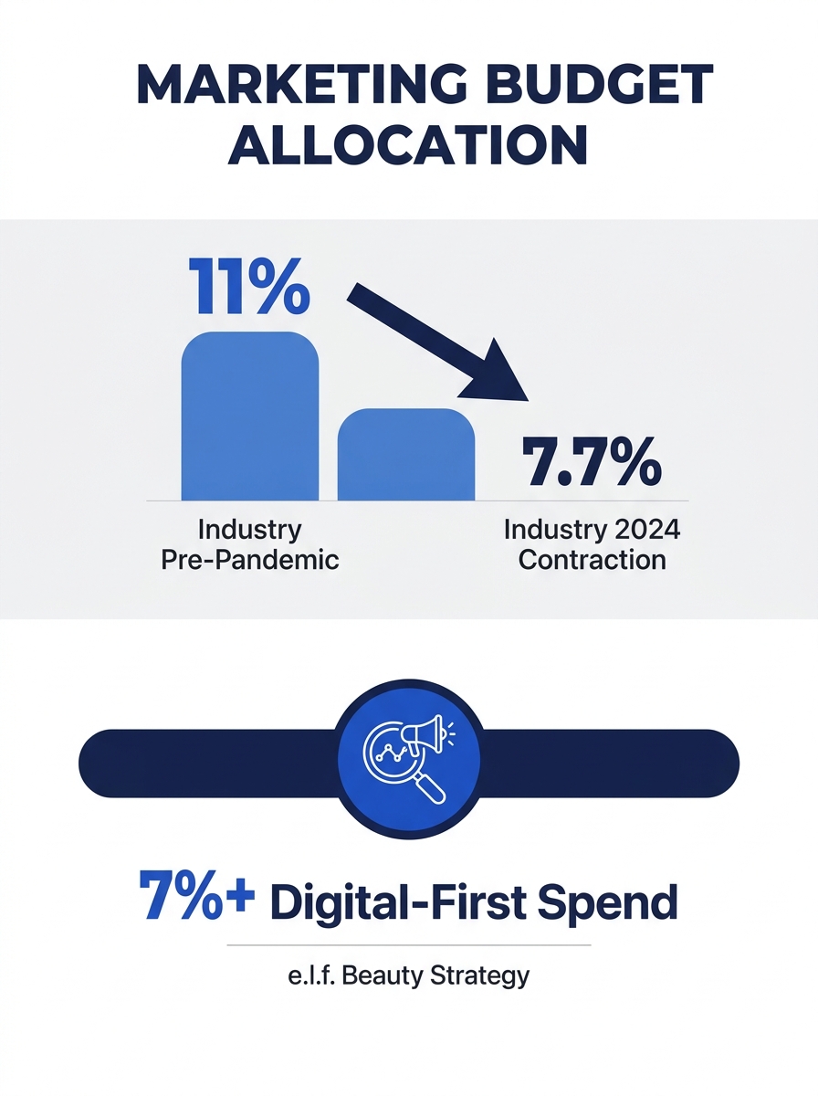 Marketing budget allocation chart showing industry contraction from 11% pre-pandemic to 7.7% in 2024, contrasted with e.l.f. Beauty's digital-first spend strategy