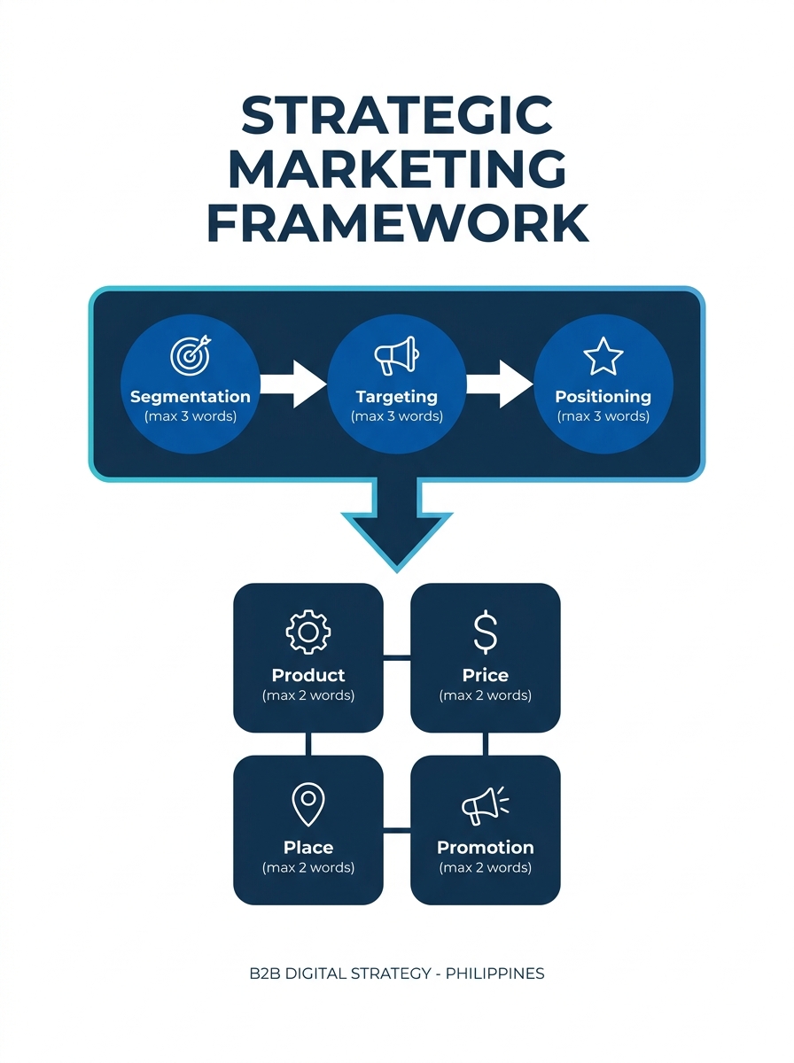 a diagram showing three interconnected systems labeled STP (segmentation, targeting, positioning) feeding into the 4Ps framework (product, price, place, promotion) with directional arrows illustrating