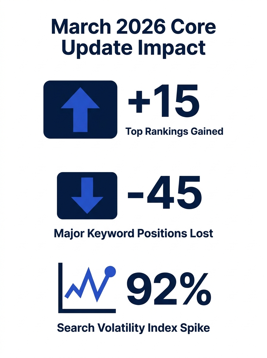 Analytics dashboard showing dramatic ranking position changes across multiple keywords during the March 2026 Google core update period