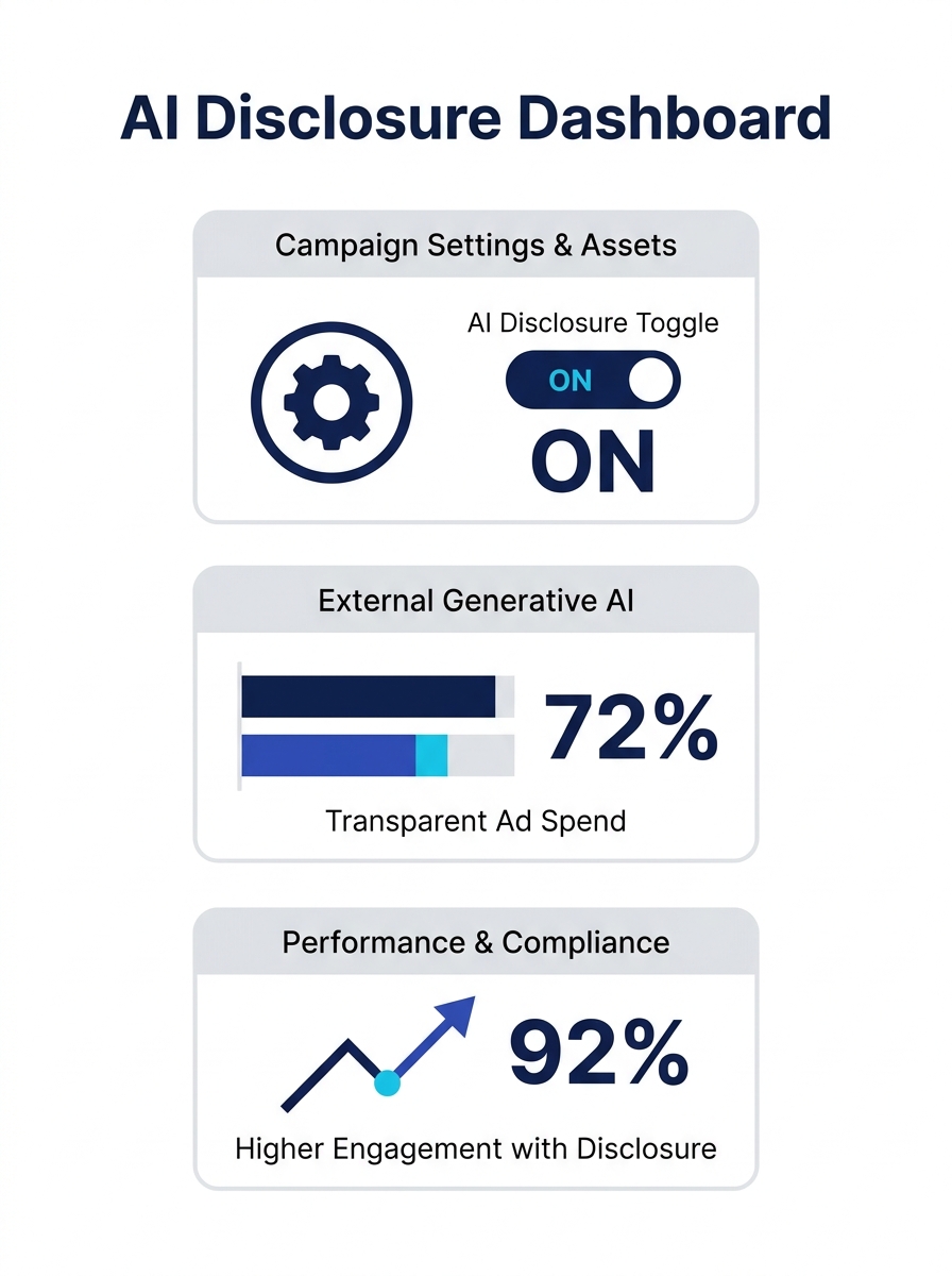 Dashboard interface showing the AI disclosure toggle control for advertisers managing campaigns with external generative AI assets