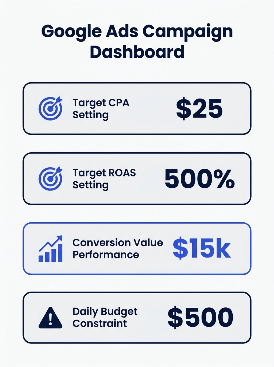 Dashboard showing Google Ads Target CPA and Target ROAS campaign settings with performance metrics and budget constraints highlighted