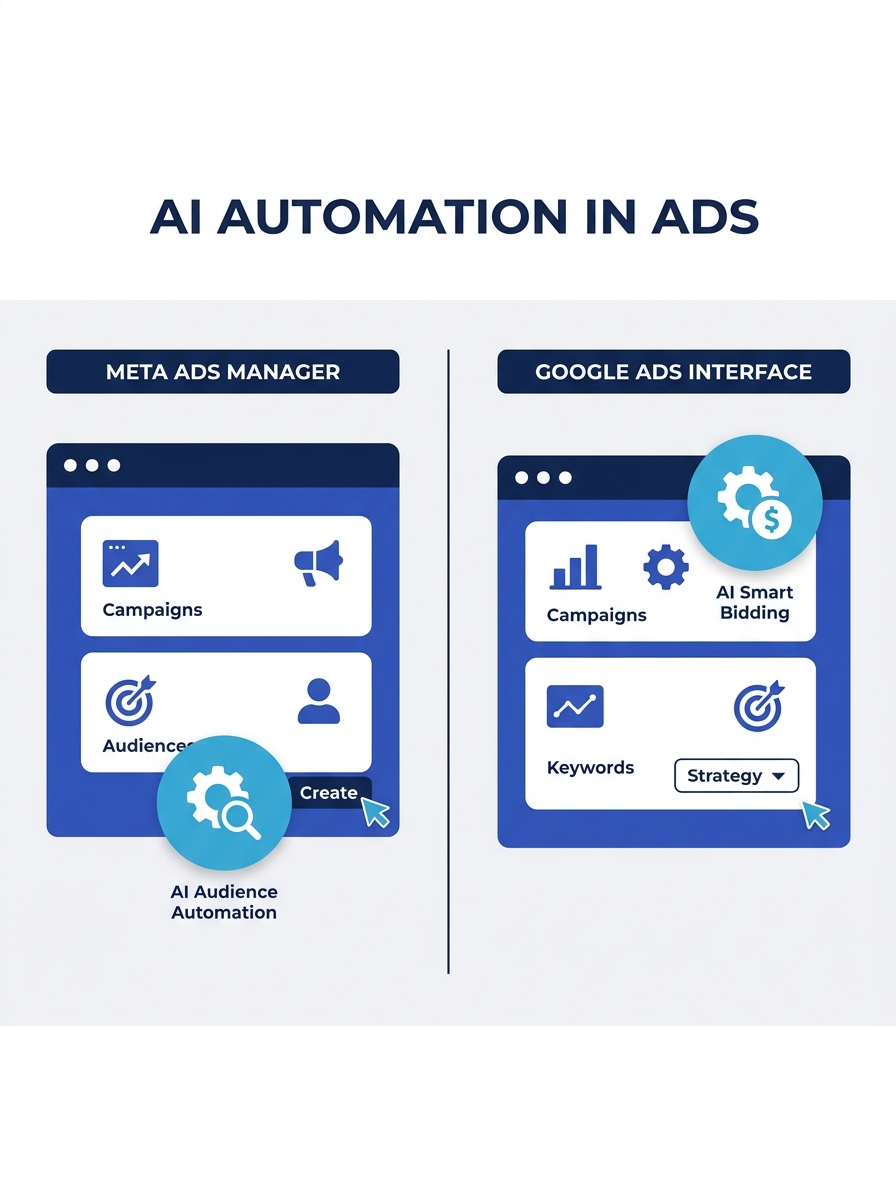 Split-screen comparison showing Meta Ads Manager and Google Ads interface with AI automation indicators highlighted
