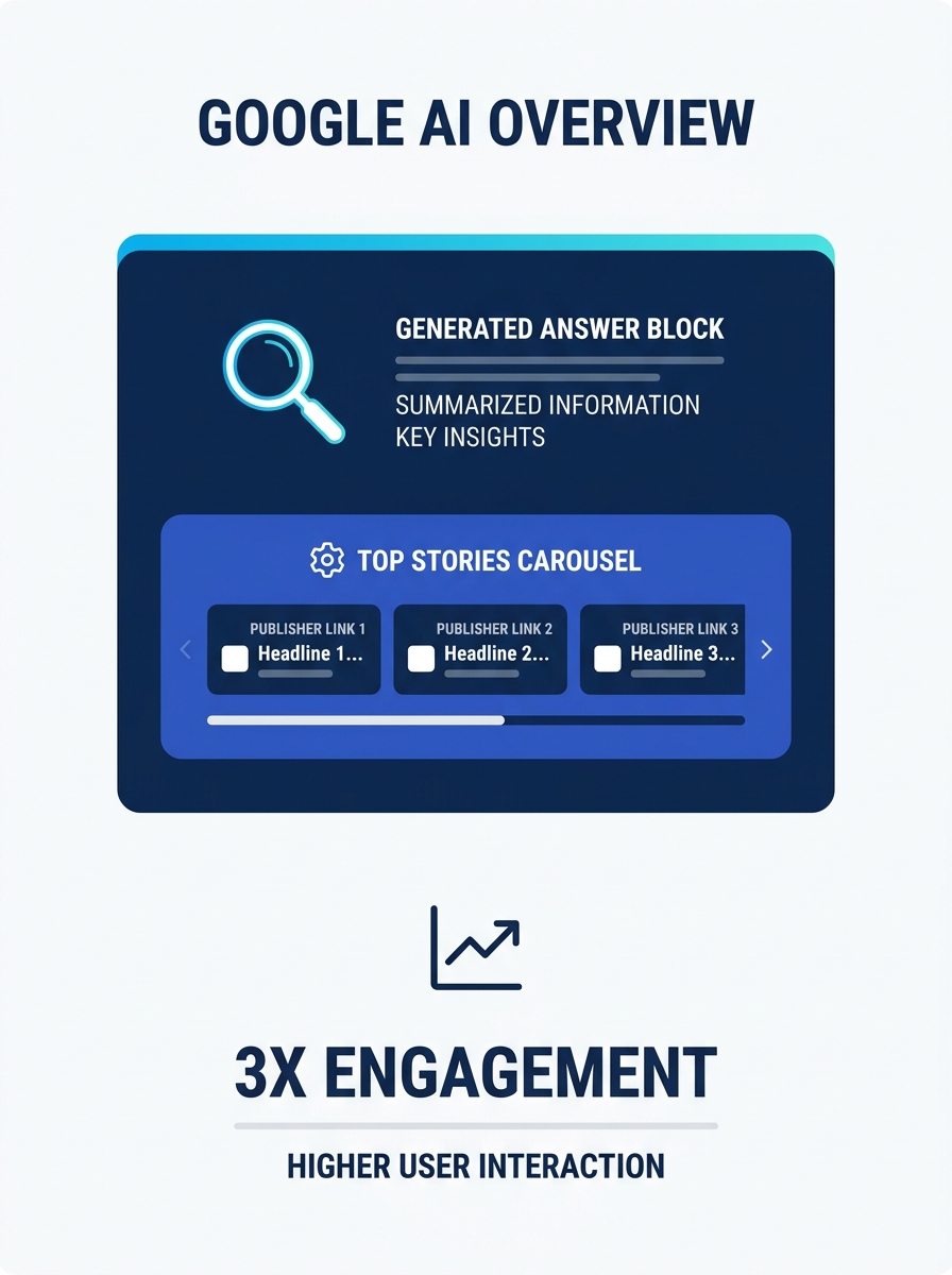 Google AI Overview with embedded Top Stories carousel showing publisher links and headlines inside the generated answer block