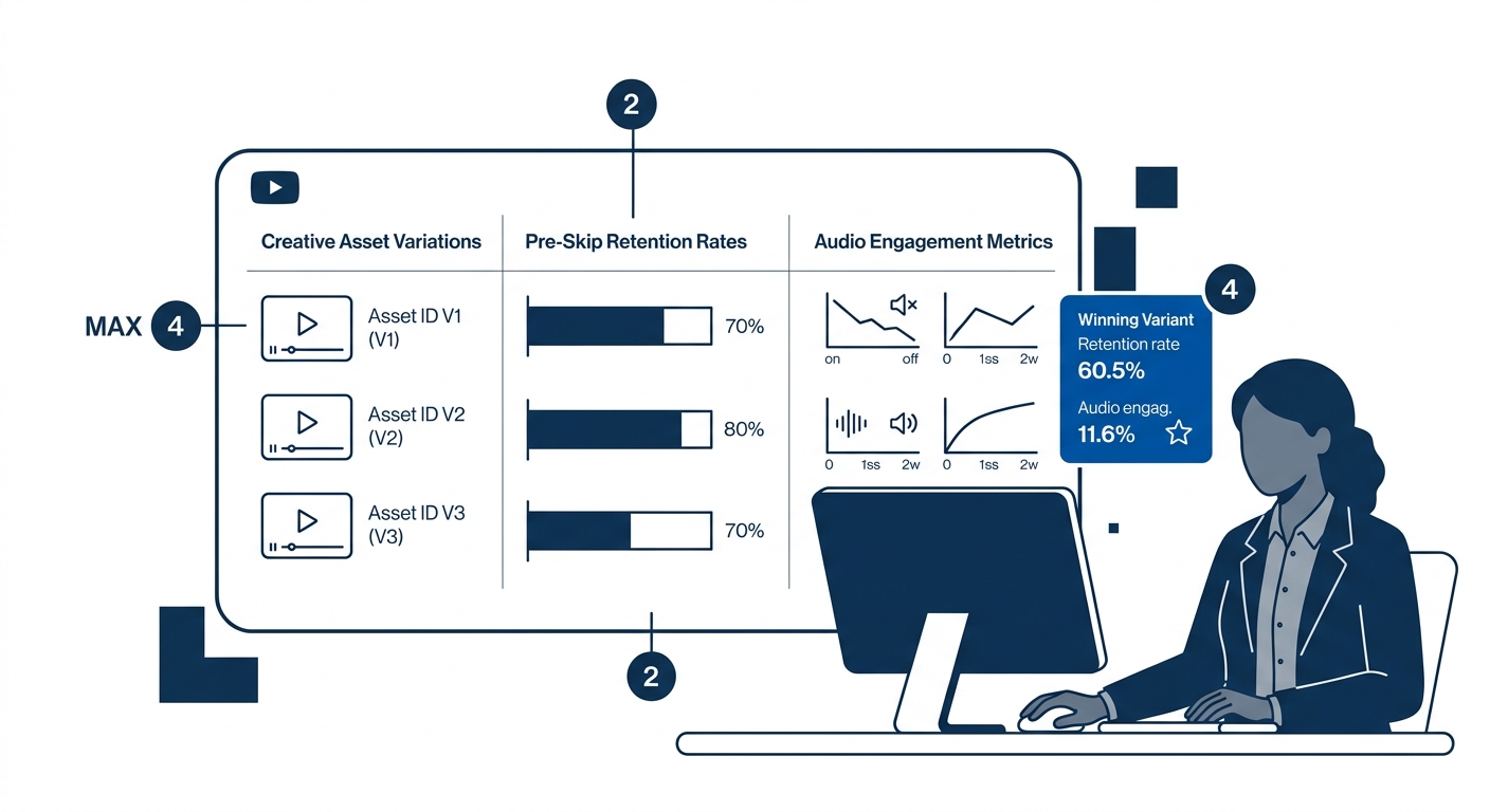 YouTube Ads creative review panel showing pre-skip retention rates and audio engagement metrics across multiple video asset variations
