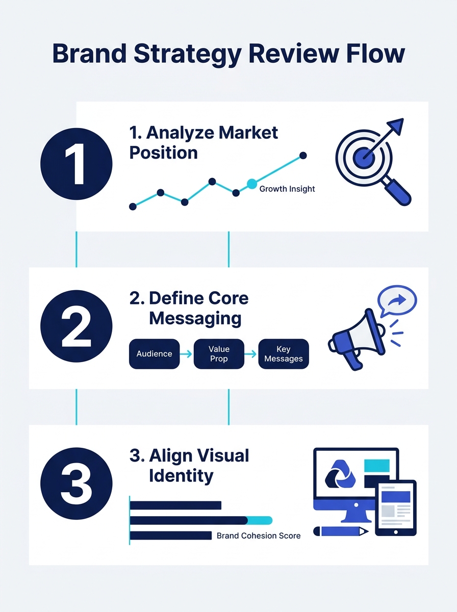 Marketing leader reviewing brand positioning documents alongside visual identity mockups, illustrating the strategic sequence required before design execution