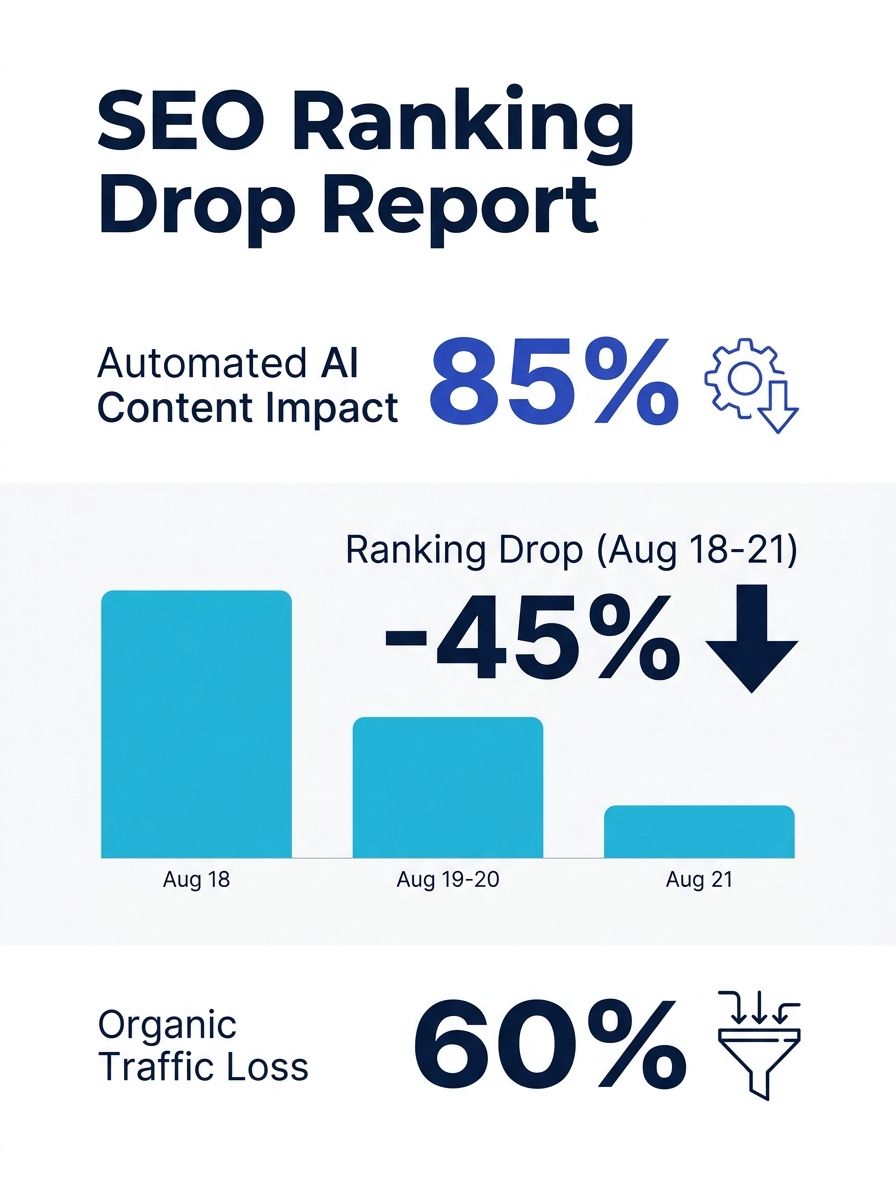 SEO analytics dashboard showing ranking drops between August 18-21 across multiple domains using automated AI content generation