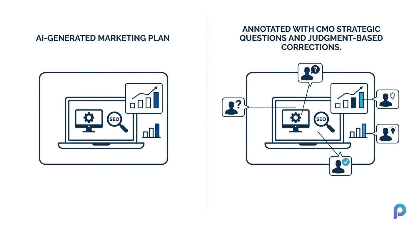 Split-screen comparison showing AI-generated marketing plan next to version annotated with CMO strategic questions and judgment-based corrections
