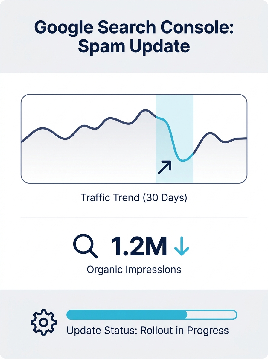 Google Search Console dashboard showing traffic fluctuation graph during spam update rollout