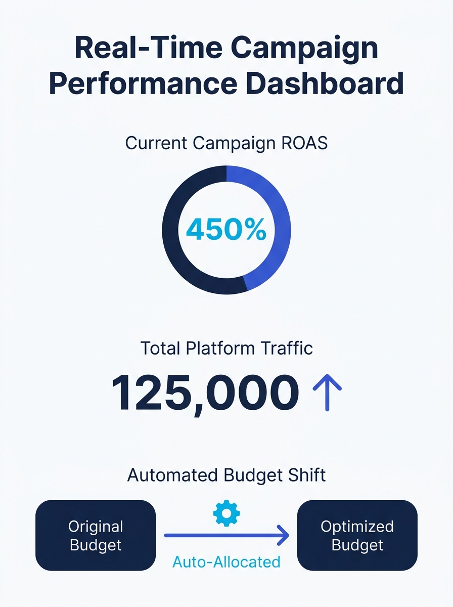 Dashboard showing real-time campaign performance metrics and automated budget reallocation across digital advertising platforms
