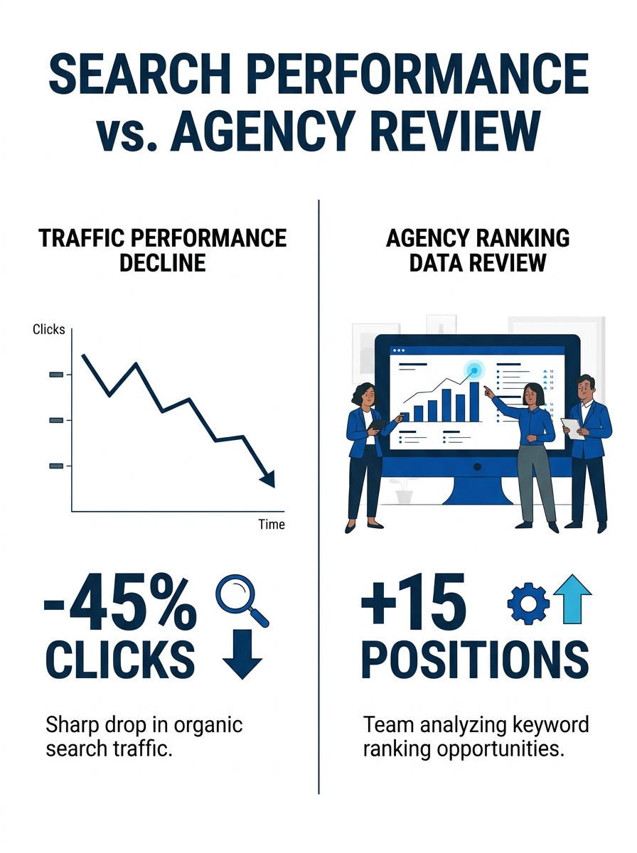 Split-screen comparison showing Google Search Console performance graph with sharp traffic decline on left, agency team reviewing ranking data on monitors on right