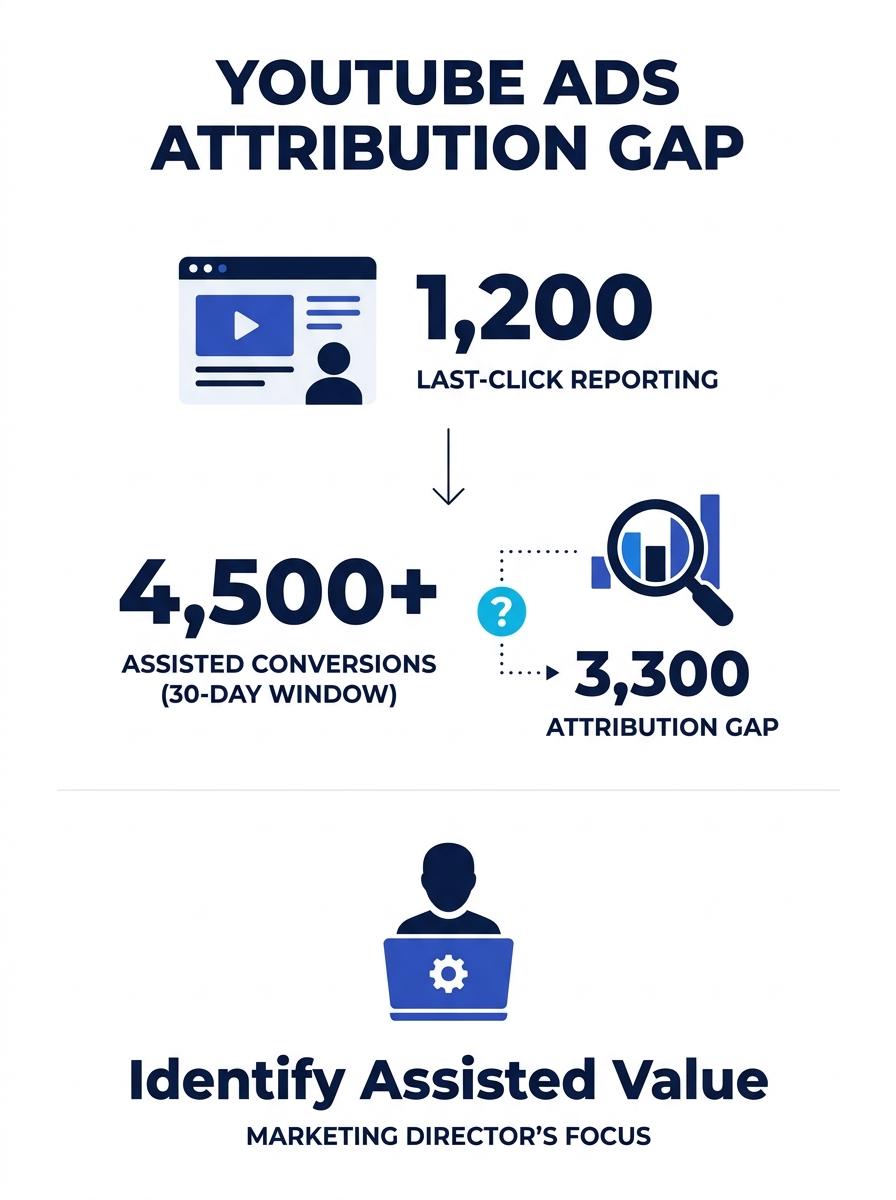 Marketing director reviewing YouTube Ads dashboard showing attribution gaps between last-click reporting and assisted conversions across 30-day window