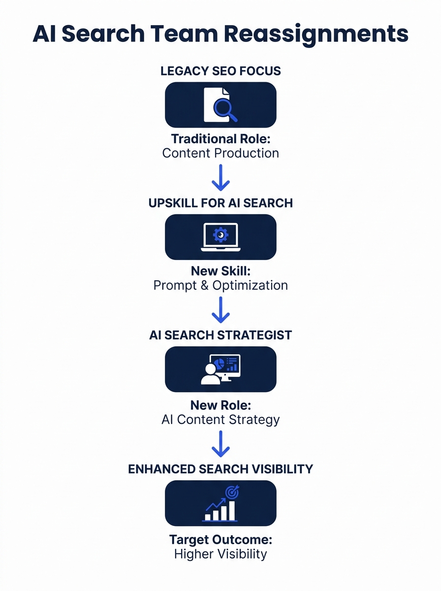 Marketing team organizational chart showing role reassignments for AI search era